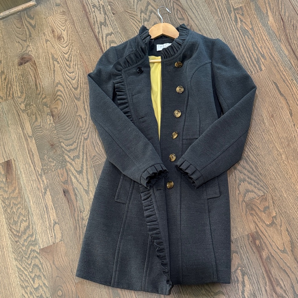 Chic Black Long Pea Coat with Ruffle Trim
